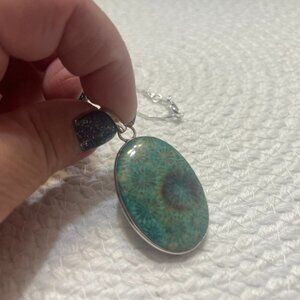 Stunning GREEN FOSSIL CORAL Handmade Sterling 925 Pendant/Chain #119D